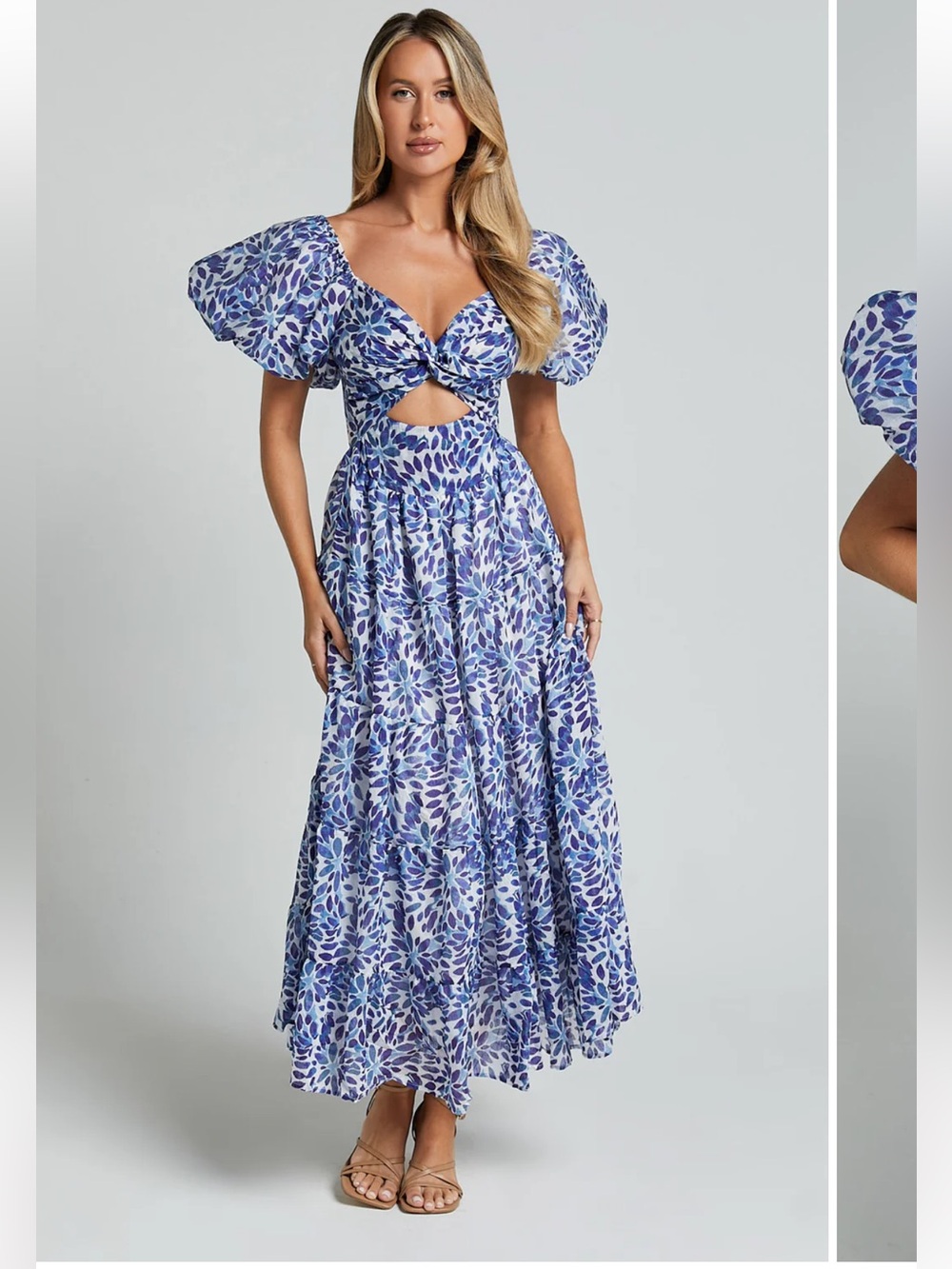 Blue Floral Puff-Sleeve Maxi Dress with Cutout